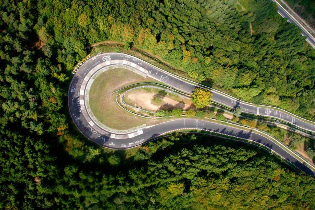 Ariel view of the banked Karussel corner at the Nurburgring in Germany.