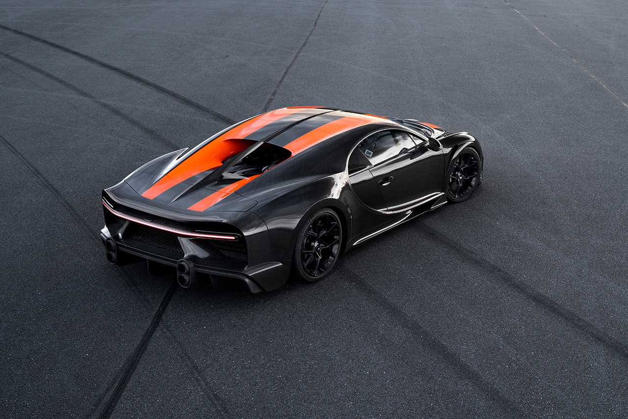 Rear three quarter view of the record-setting Chiron showing it's stacked tail pipes a la Centodieci.