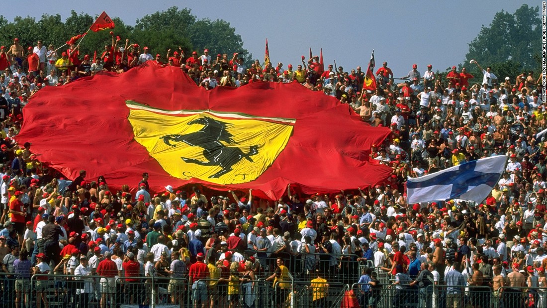 Ferrari supporters and a massive Ferrari flag at Monza 2019.