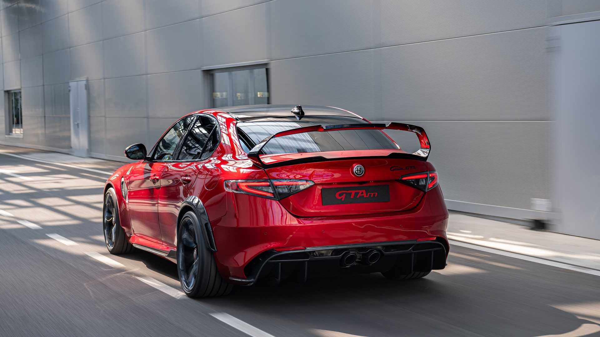 Rear view of the Giulia GTAm showing the new rear wing and diffuser.