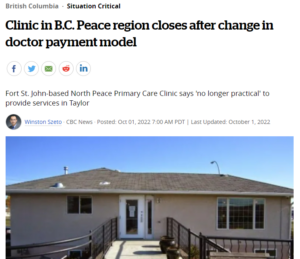 Clinic in BC Peace Region closes after changes to doctor payment model - providing services in the northern BC region is now 'no longer practical.'